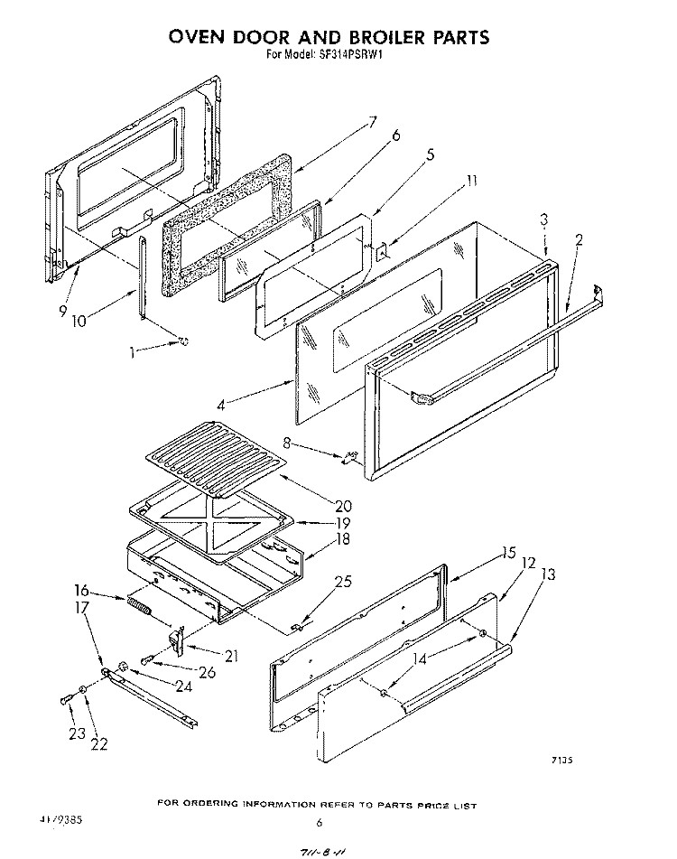 OVEN DOOR AND BROILER Diagram and Parts List for SF314PSRW1  Whirlpool Range