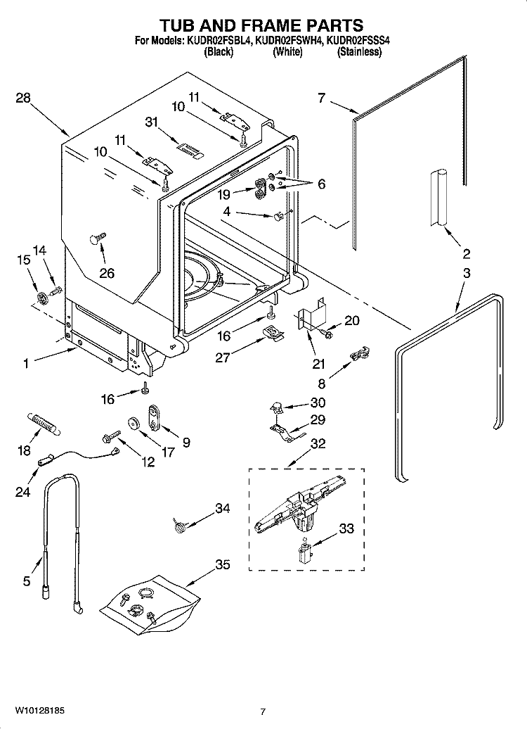 TUB AND FRAME PARTS Diagram and Parts List for KUDR02FSWH4  KitchenAid Dishwasher