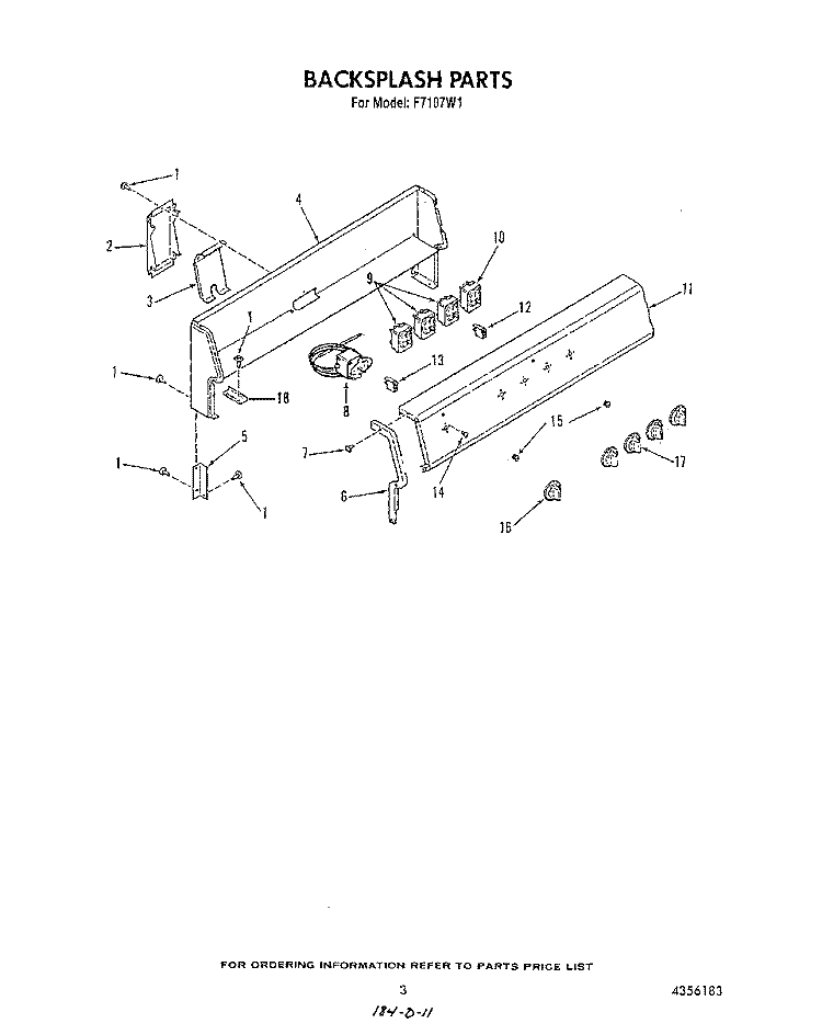 BACKSPLASH , LIT/OPTIONAL Diagram and Parts List for F7107W1  Roper Range