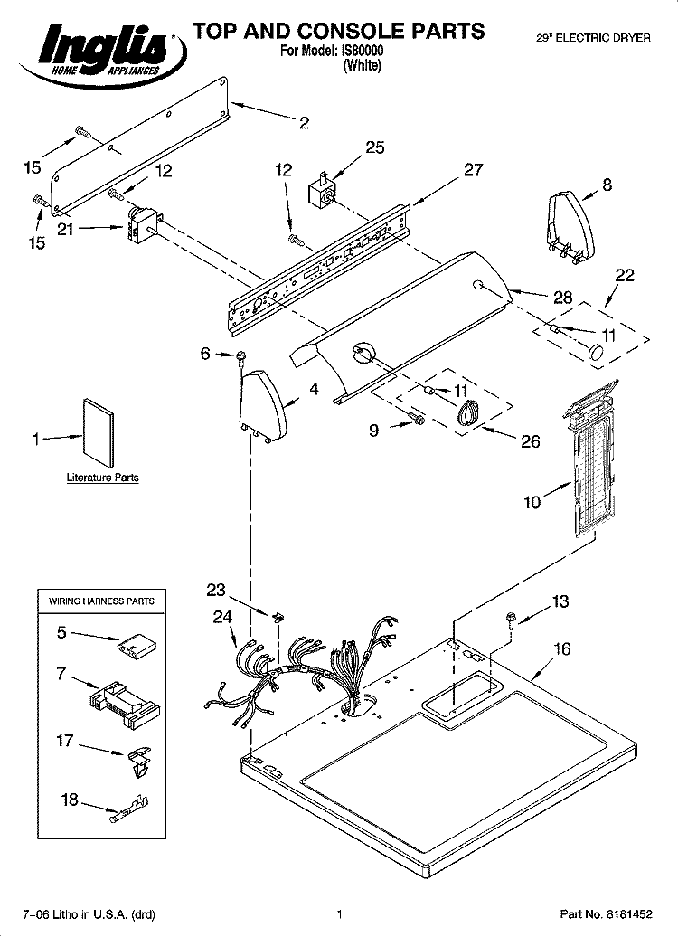 TOP AND CONSOLE PARTS Diagram and Parts List for IS80000  Inglis Dryer