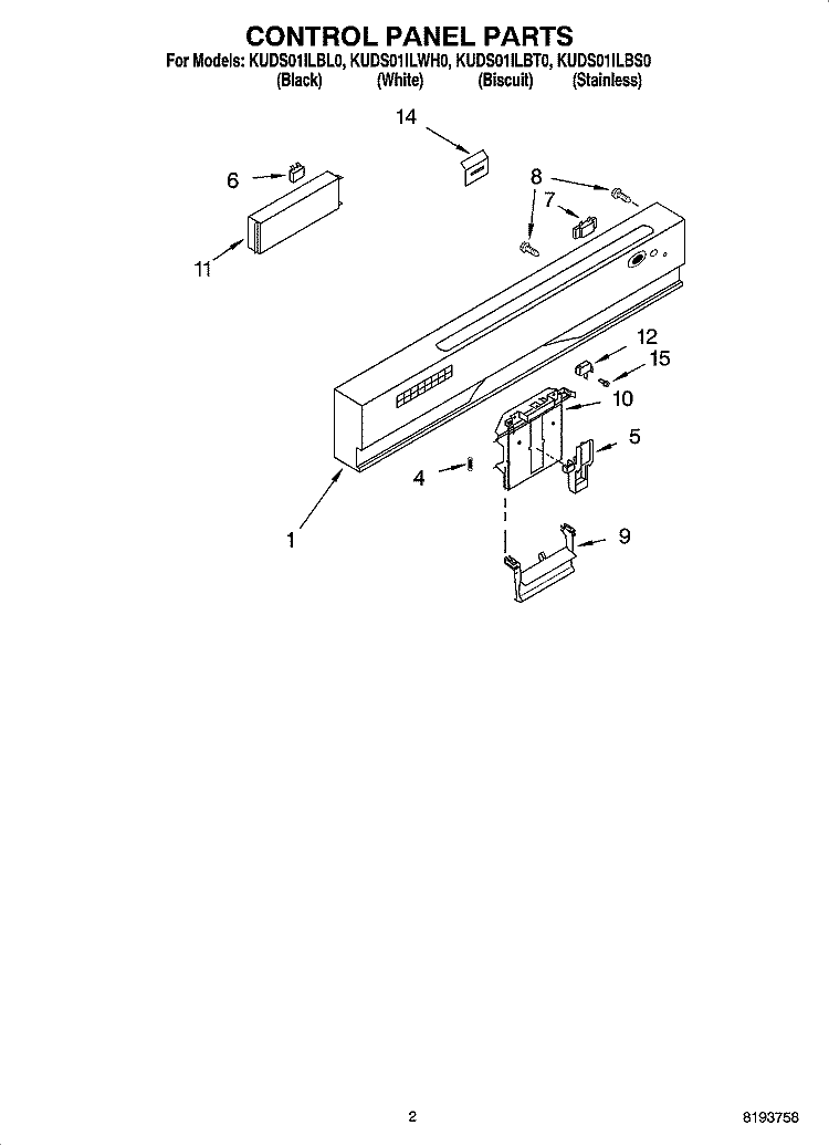 CONTROL PANEL PARTS Diagram and Parts List for KUDS01ILWH0  KitchenAid Dishwasher