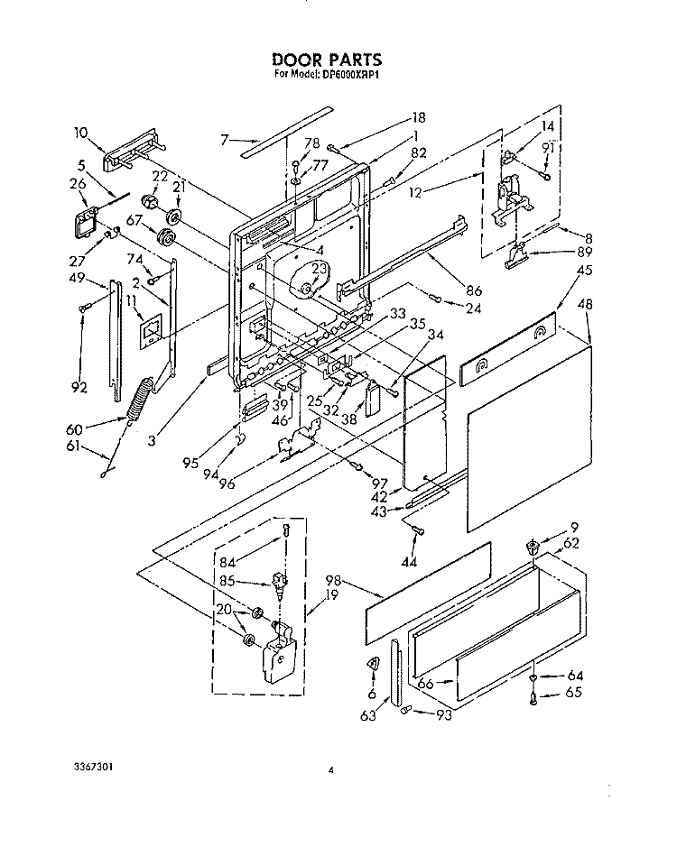 DOOR Diagram and Parts List for DP6000XRP1  Whirlpool Dishwasher
