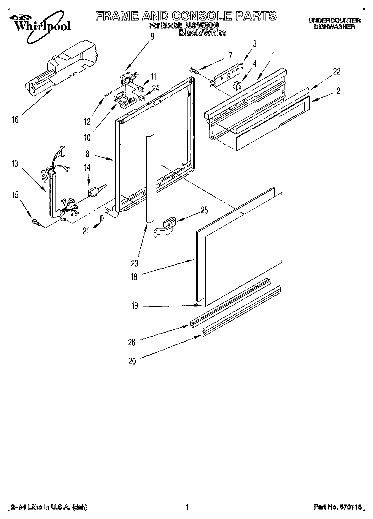 FRAME AND CONSOLE Diagram and Parts List for DU9450XB0  Whirlpool Dishwasher