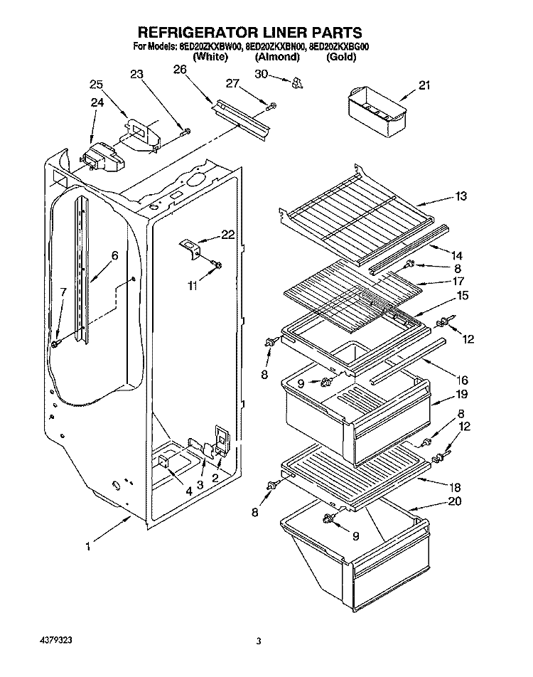 REFRIGERATOR LINER Diagram and Parts List for 8ED20ZKXBW00  Whirlpool Refrigerator