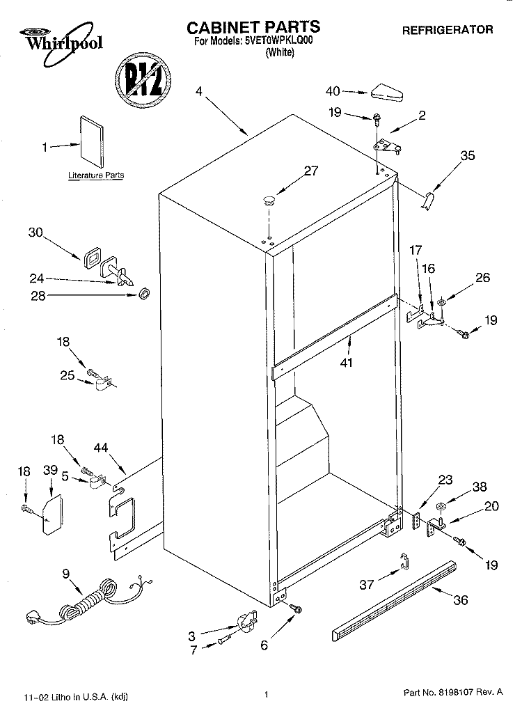 CABINET, LITERATURE Diagram and Parts List for 5VET0WPKLQ00  Whirlpool Refrigerator