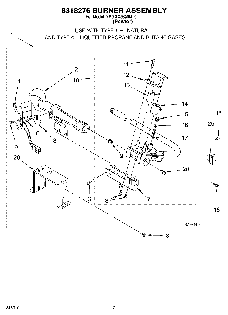 8318276 BURNER ASSEMBLY Diagram and Parts List for 7MGGQ9800ML0  Whirlpool Dryer