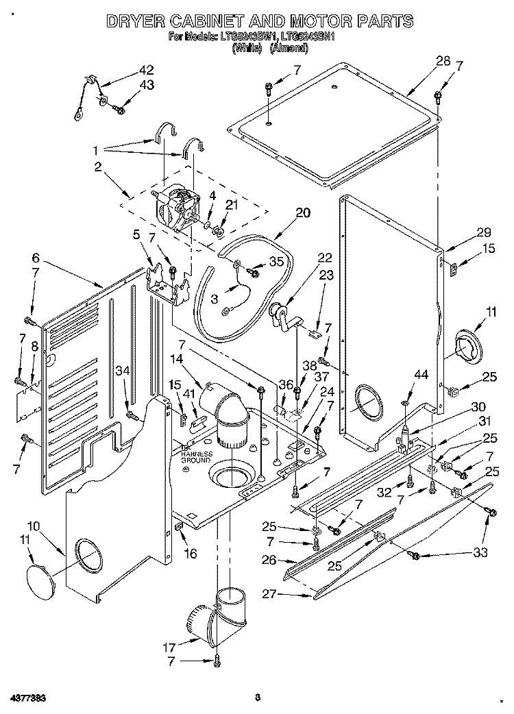 DRYER CABINET AND MOTOR Diagram and Parts List for LTG5243BW1  Whirlpool Washer Dryer Combo