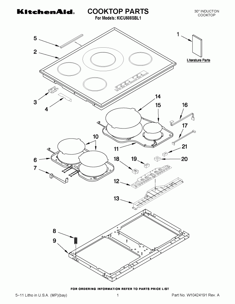 COOKTOP PARTS Diagram and Parts List for KICU508SBL1  KitchenAid Cooktop