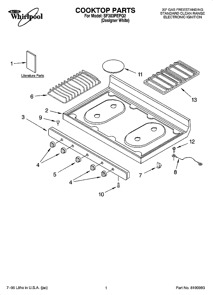 COOKTOP PARTS Diagram and Parts List for SF303PEPQ2  Whirlpool Range