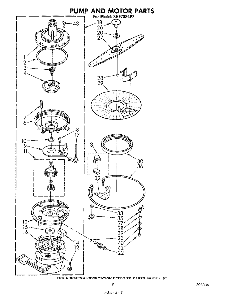 PUMP AND MOTOR Diagram and Parts List for SHF7884P2  Whirlpool Dishwasher