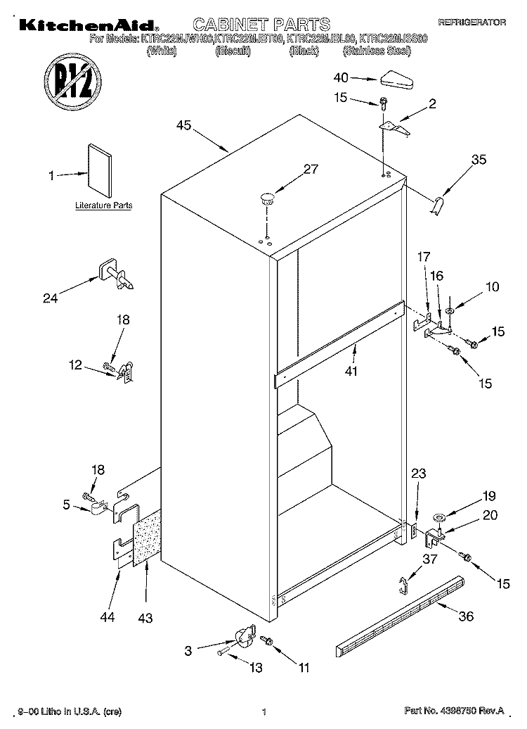 CABINET, LITERATURE Diagram and Parts List for KTRC22MJWH00  KitchenAid Refrigerator