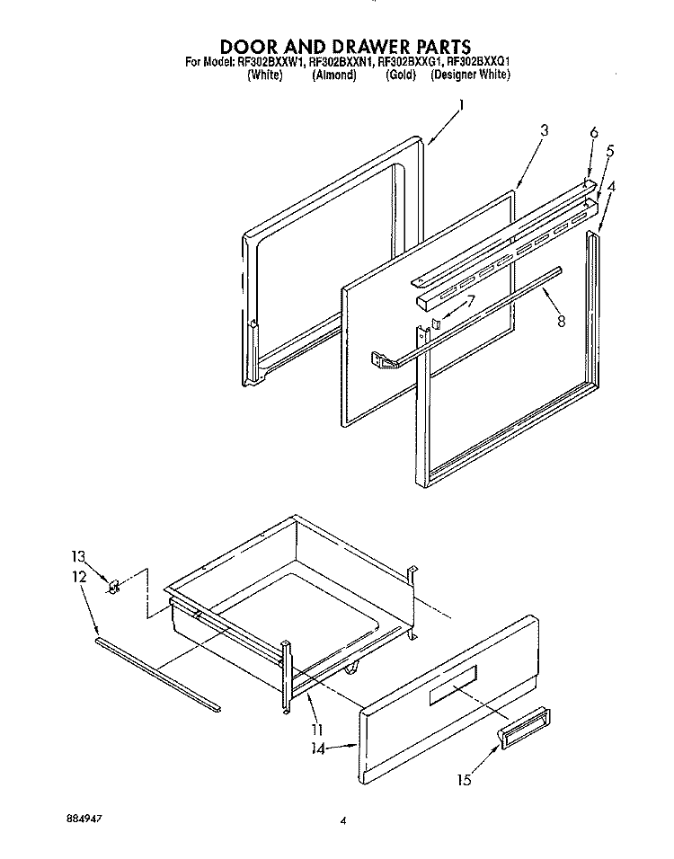 DOOR AND DRAWER Diagram and Parts List for RF302BXXN1  Whirlpool Range