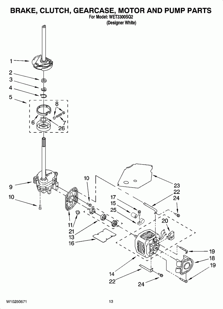 BRAKE, CLUTCH, GEARCASE, MOTOR AND PUMP PARTS Diagram and Parts List for WET3300SQ2  Whirlpool Washer Dryer Combo