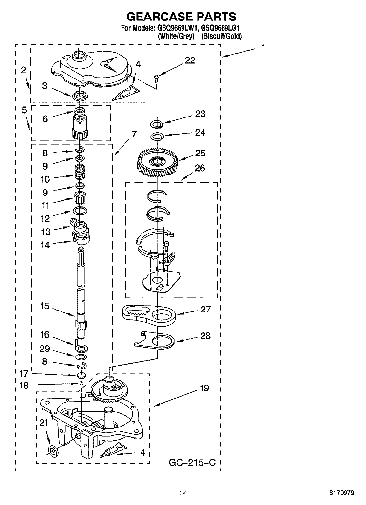 GEARCASE PARTS Diagram and Parts List for GSQ9669LW1  Whirlpool Washer