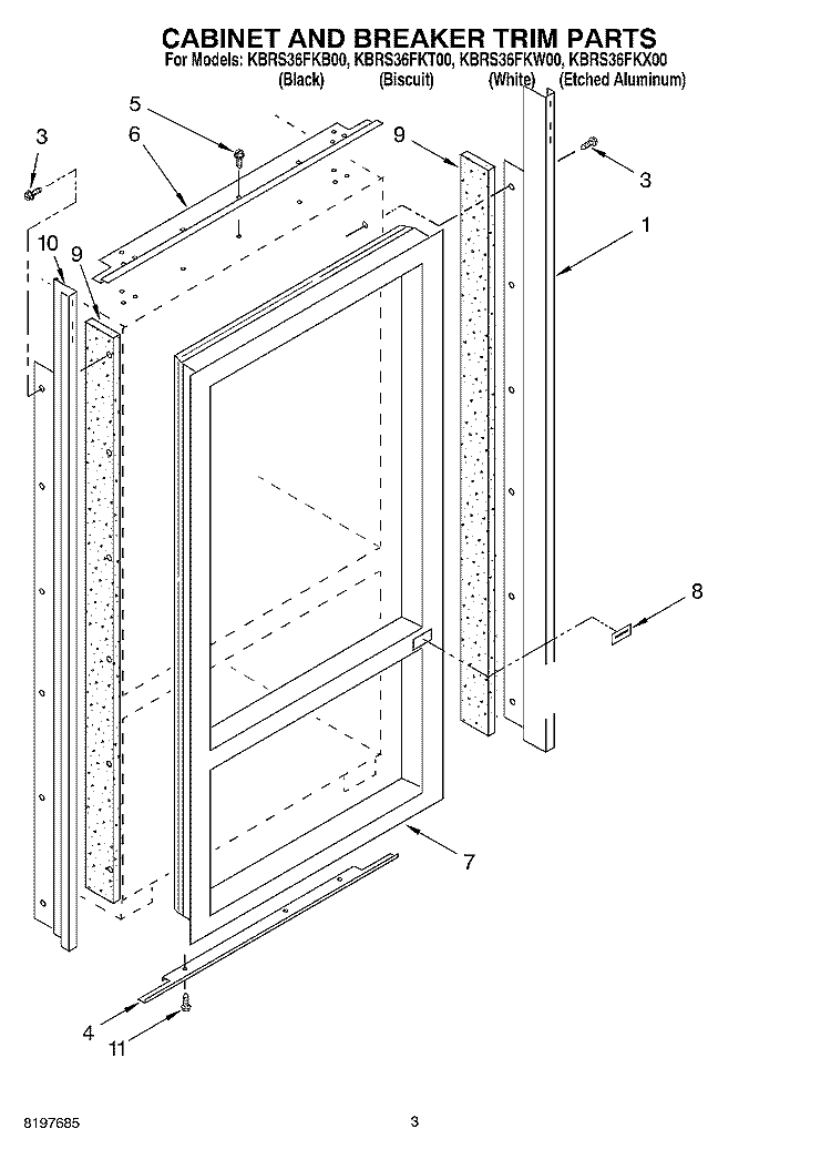 CABINET AND BREAKER TRIM Diagram and Parts List for KBRS36FKB00  KitchenAid Refrigerator