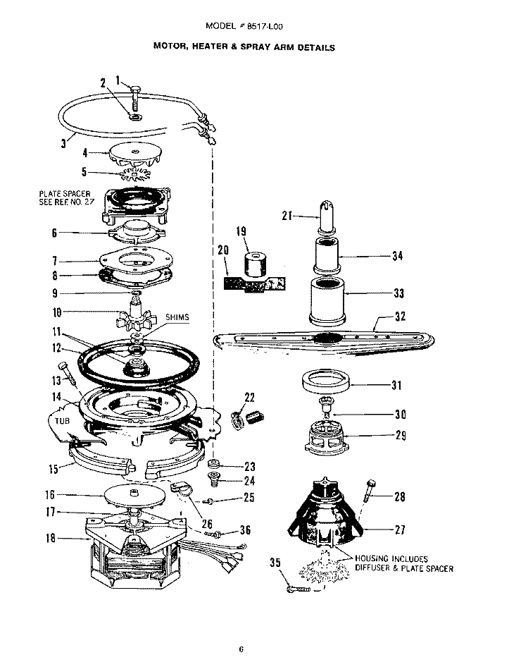 MOTOR, HEATER AND SPRAY ARM Diagram and Parts List for 8517L00  Roper Dishwasher