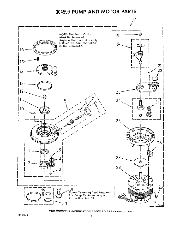 304599 PUMP AND MOTOR Diagram and Parts List for DU8000XR0  Whirlpool Dishwasher