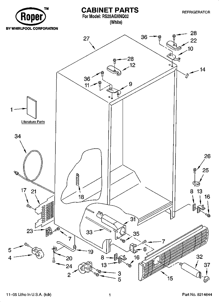 CABINET PARTS Diagram and Parts List for RS25AGXNQ02  Roper Refrigerator