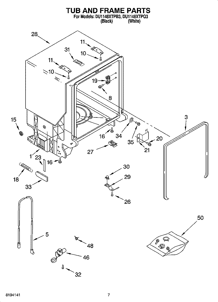 TUB AND FRAME PARTS Diagram and Parts List for DU1148XTPB3  Whirlpool Dishwasher