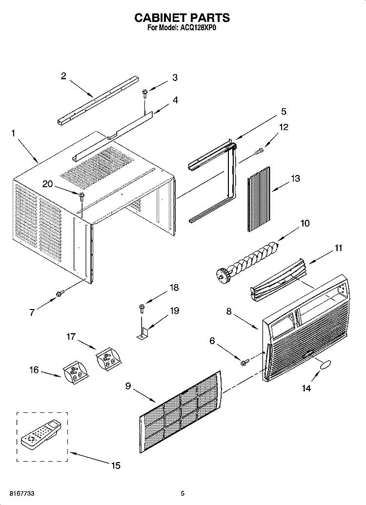 CABINET PARTS Diagram and Parts List for ACQ128XP0  Whirlpool Air Conditioner