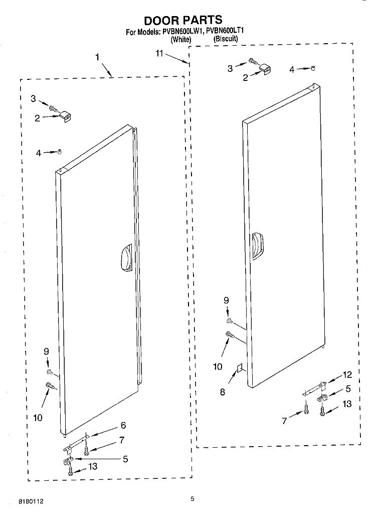 DOOR PARTS Diagram and Parts List for PVBN600LW1  Whirlpool Cabinet