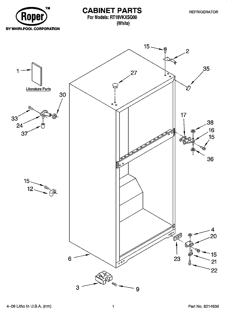 CABINET PARTS Diagram and Parts List for RT18VKXSQ00  Roper Refrigerator