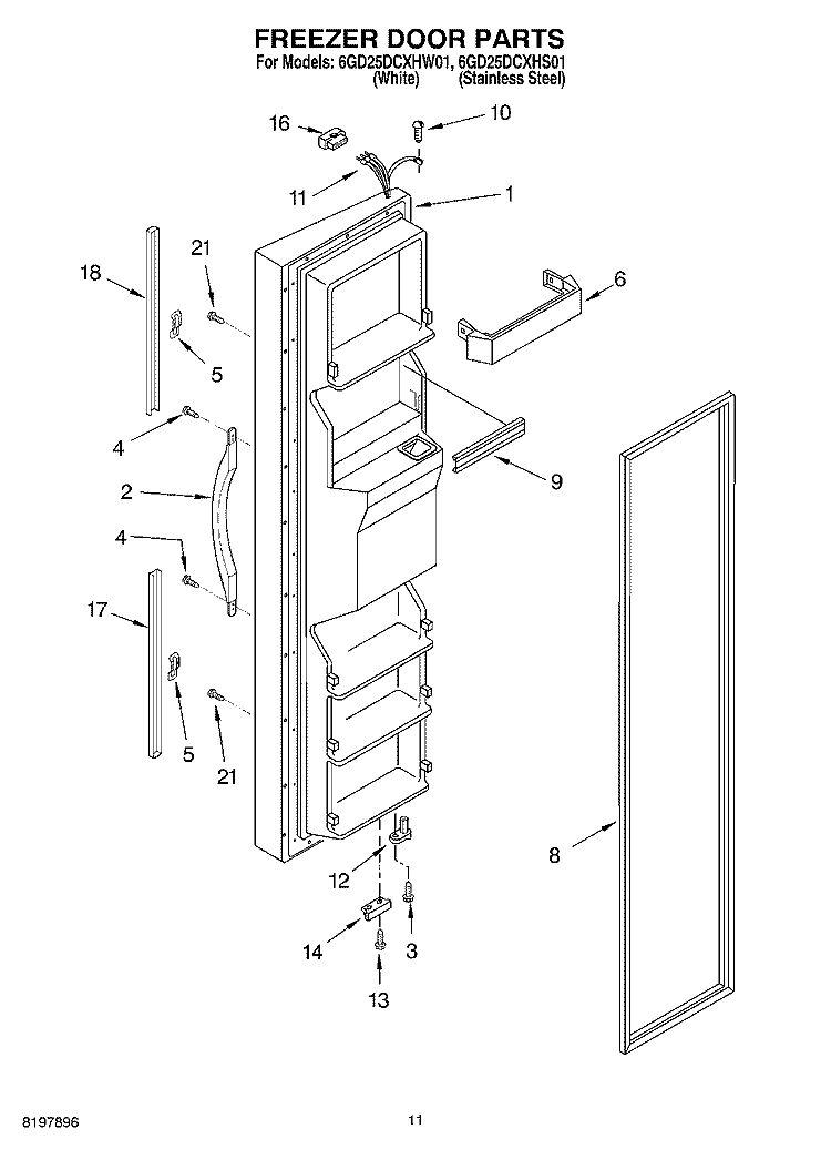 FREEZER DOOR Diagram and Parts List for 6GD25DCXHS01  Whirlpool Refrigerator