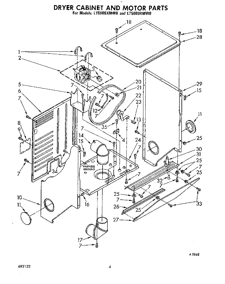 DRYER CABINET AND MOTOR Diagram and Parts List for LT5005XMW0  Whirlpool Washer Dryer Combo