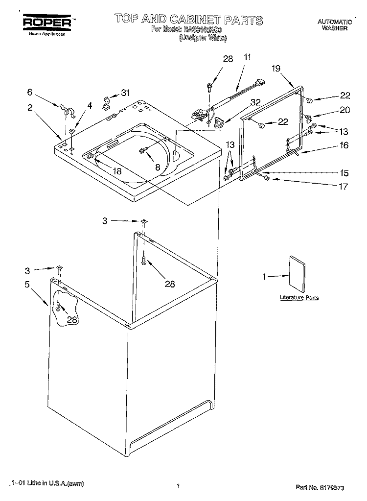 TOP AND CABINET, LITERATURE Diagram and Parts List for RAS8445KQ0  Roper Washer