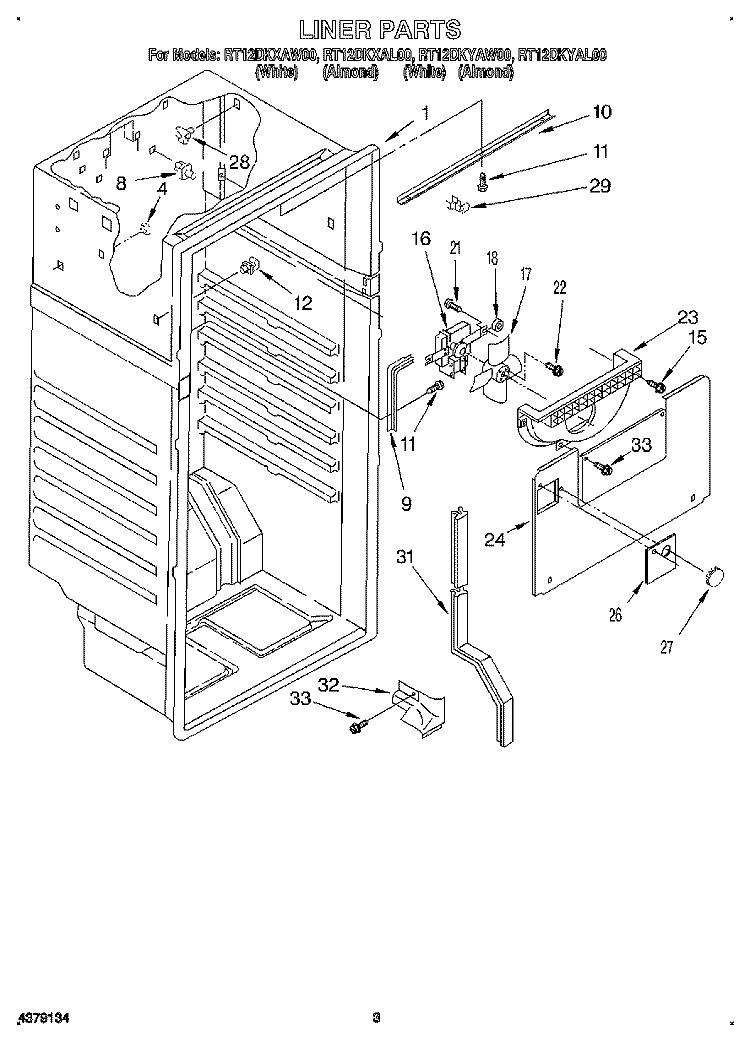 LINER Diagram and Parts List for RT12DKYAW00  Roper Refrigerator