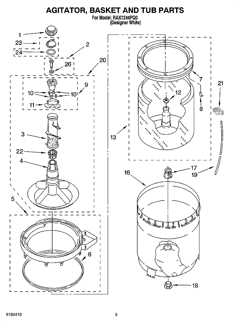 AGITATOR, BASKET AND TUB PARTS Diagram and Parts List for RAX7244PQ0  Roper Washer