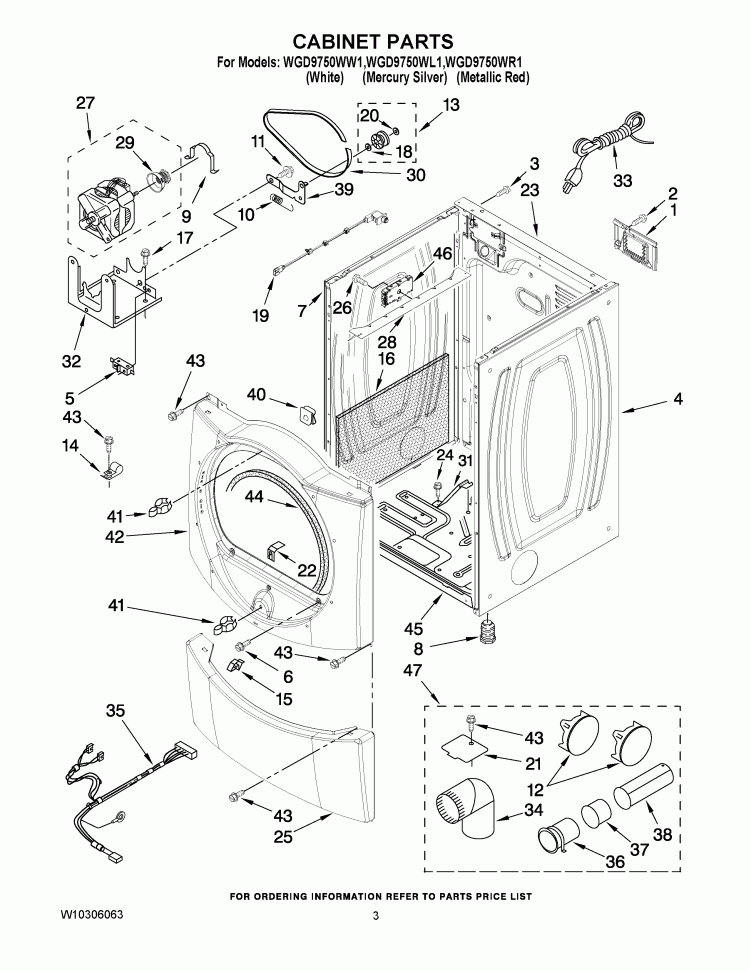 CABINET PARTS Diagram and Parts List for WGD9750WL1  Whirlpool Dryer