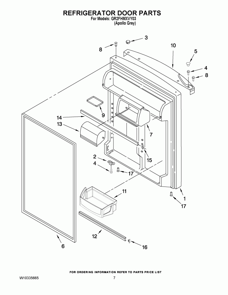 REFRIGERATOR DOOR PARTS Diagram and Parts List for GR2FHMXVY03  Whirlpool Refrigerator