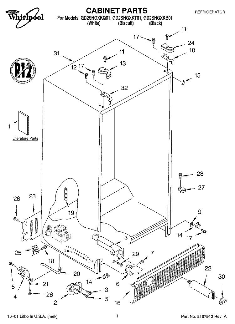 CABINET, LITERATURE Diagram and Parts List for GD2SHGXKQ01  Whirlpool Refrigerator