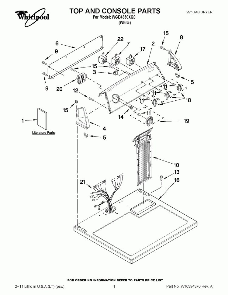TOP AND CONSOLE PARTS Diagram and Parts List for WGD4850XQ0  Whirlpool Dryer