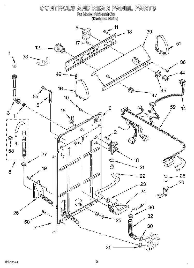 CONTROLS AND REAR PANEL Diagram and Parts List for RAX4232KQ0  Roper Washer