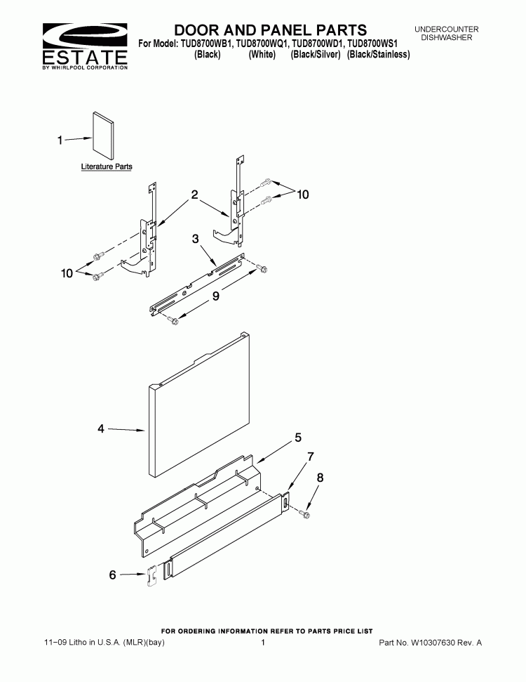 DOOR AND PANEL PARTS Diagram and Parts List for TUD8700WS1  Estate Dishwasher
