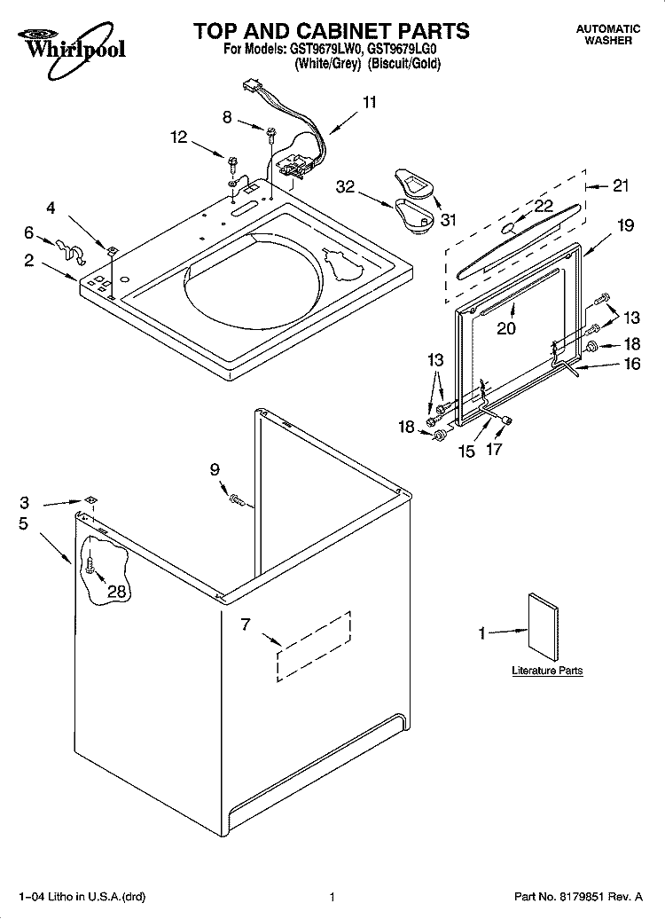 TOP AND CABINET PARTS Diagram and Parts List for GST9679LW0  Whirlpool Washer