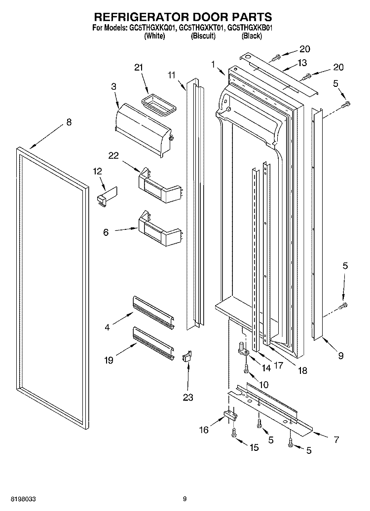 REFRIGERATOR DOOR PARTS Diagram and Parts List for GC5THGXKB01  Whirlpool Refrigerator