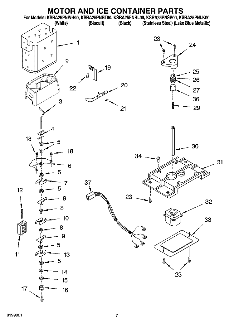 MOTOR AND ICE CONTAINER PARTS Diagram and Parts List for KSRA25PNBT00  KitchenAid Refrigerator