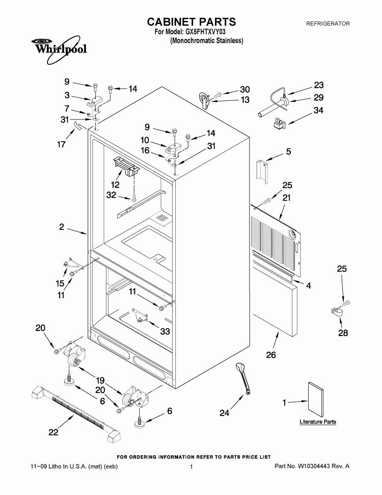 CABINET PARTS Diagram and Parts List for GX5FHTXVY03  Whirlpool Refrigerator
