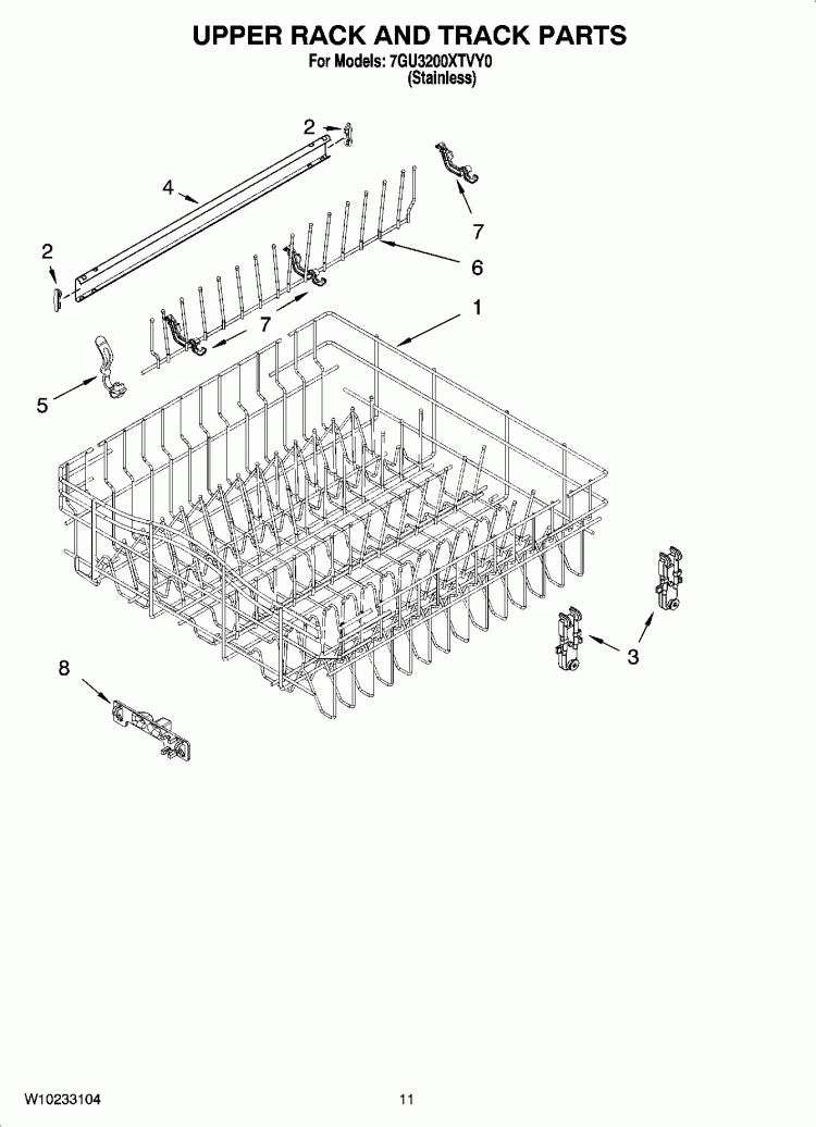 UPPER RACK AND TRACK PARTS Diagram and Parts List for 7GU3200XTVY0  Whirlpool Dishwasher