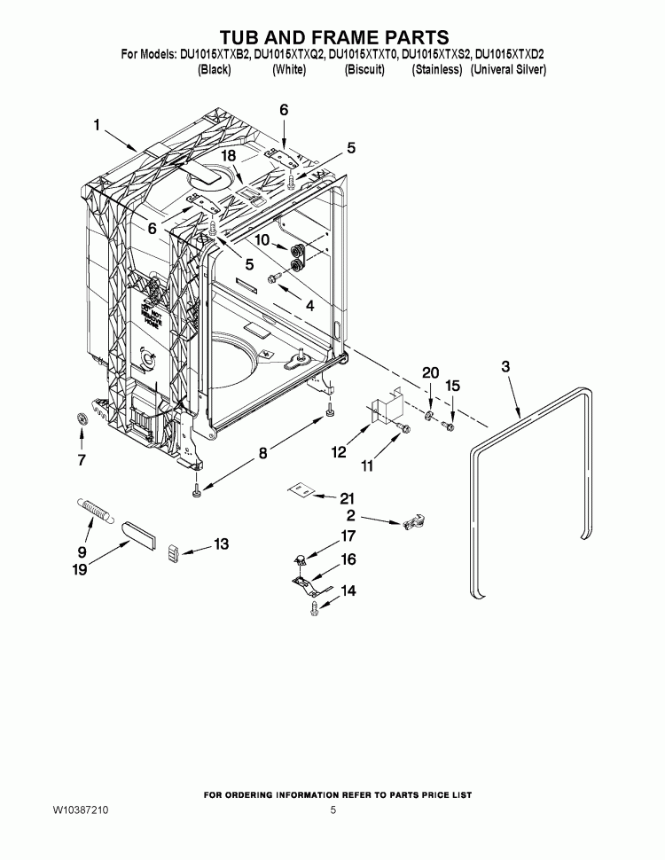 TUB AND FRAME PARTS Diagram and Parts List for DU1015XTXQ2  Whirlpool Dishwasher