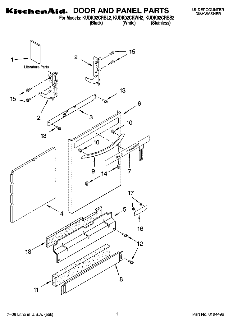 DOOR AND PANEL PARTS Diagram and Parts List for KUDK02CRBL2  KitchenAid Dishwasher