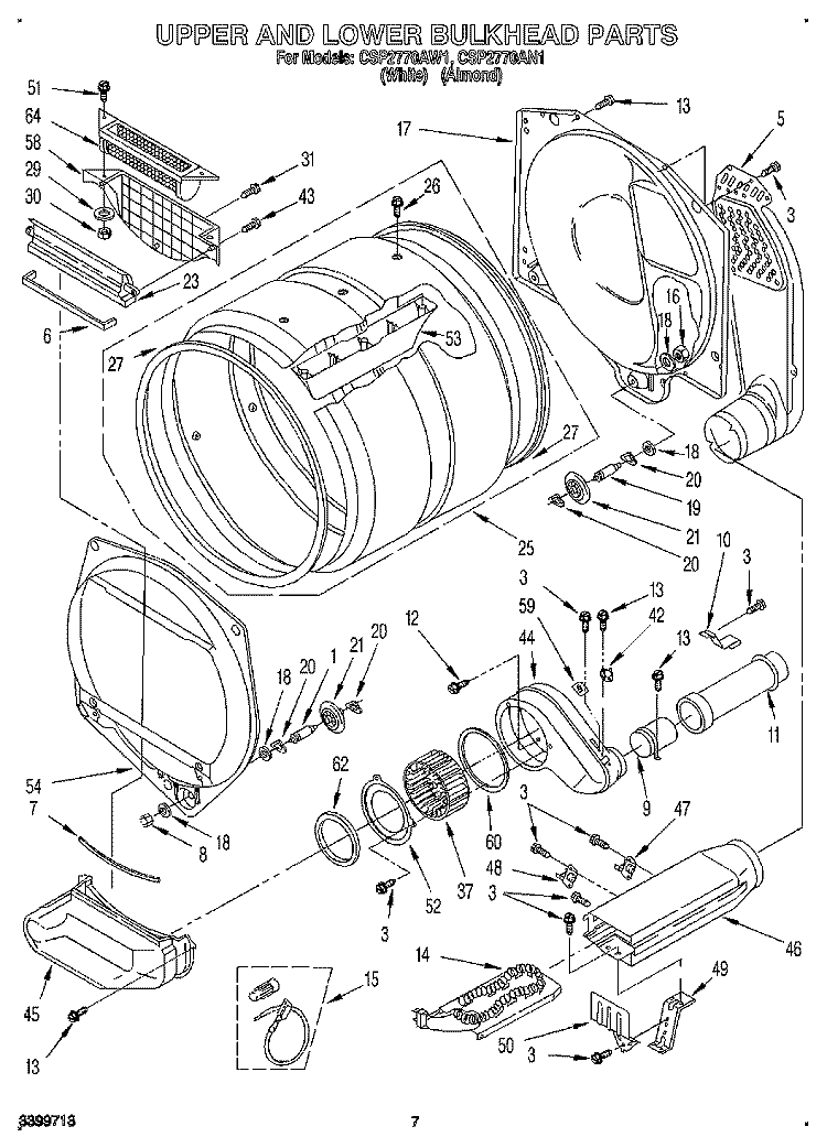 UPPER AND LOWER BULKHEAD, LITERATURE Diagram and Parts List for CSP2770AN1  Whirlpool Dryer