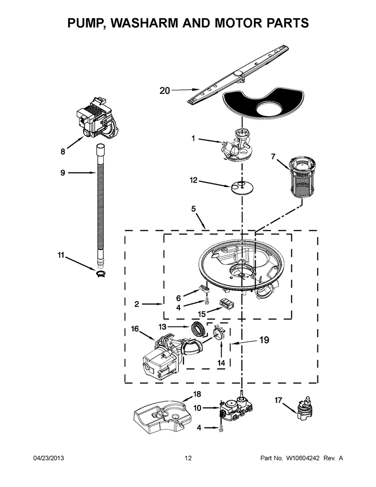 PUMP, WASHARM AND MOTOR PARTS Diagram and Parts List for 7WDT790SAYM2  Whirlpool Dishwasher