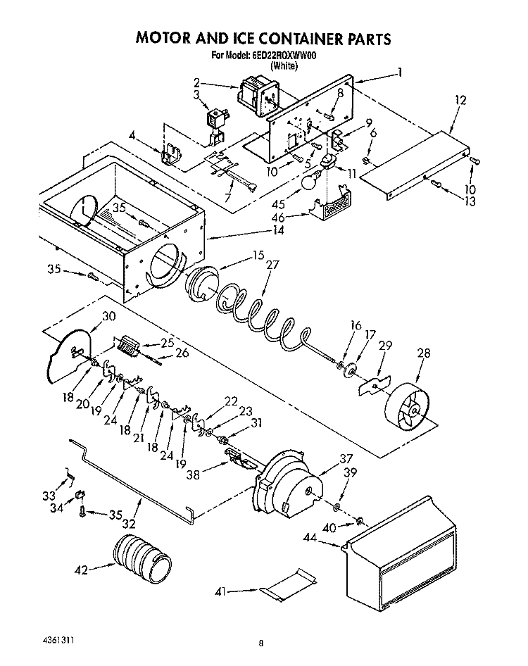 MOTOR AND ICE CONTAINER Diagram and Parts List for 6ED22RQXWW00  Whirlpool Refrigerator