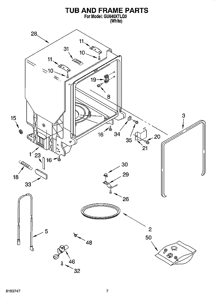 TUB AND FRAME PARTS Diagram and Parts List for GU640XTLQ0  Whirlpool Dishwasher