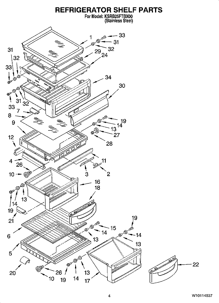 REFRIGERATOR SHELF PARTS Diagram and Parts List for KSRB25FTBX00  KitchenAid Refrigerator