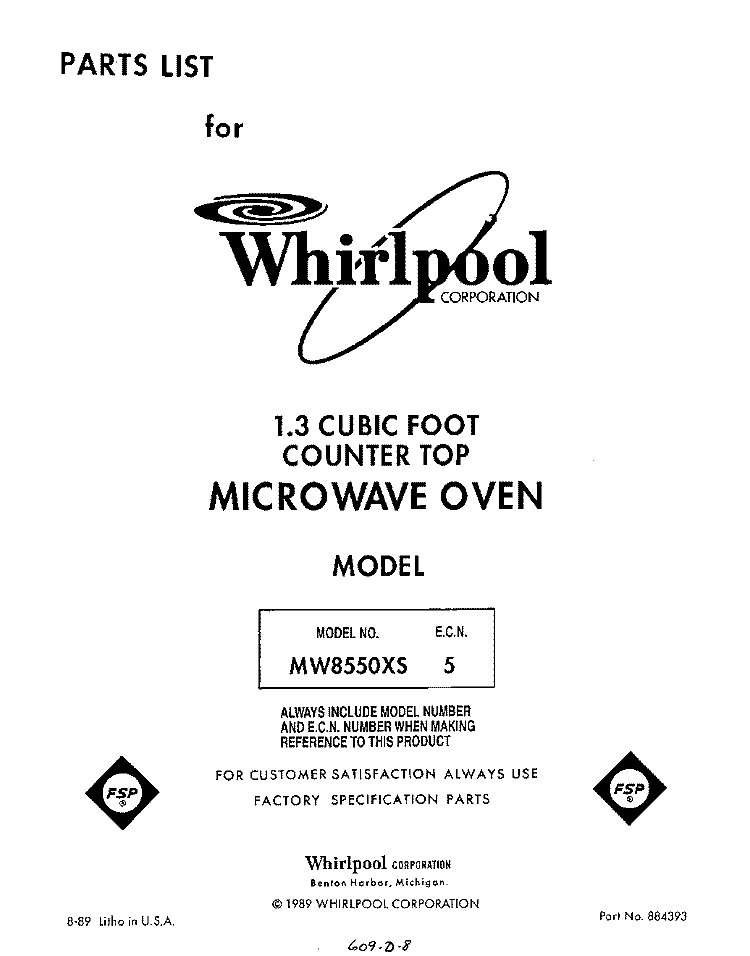 SECTION Diagram and Parts List for MW8550XS5  Whirlpool Microwave